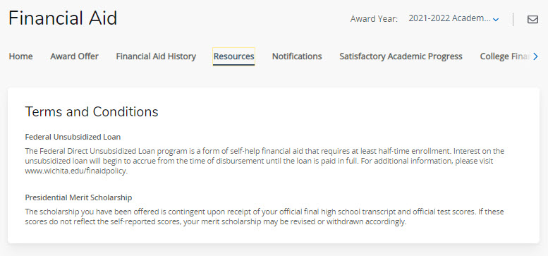 Screenshot of financial aid dashboard's resources tab