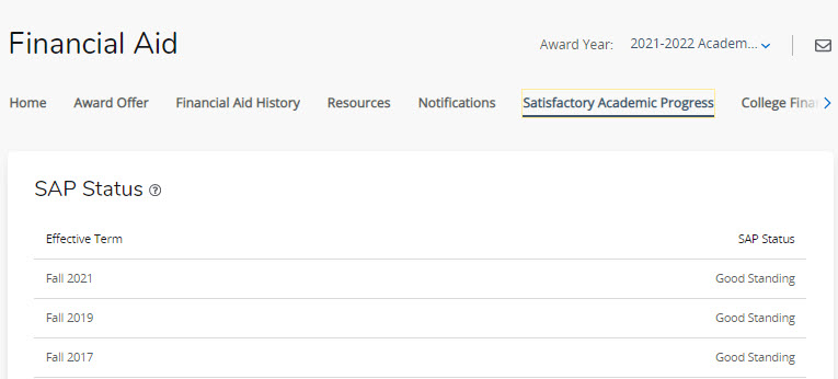 Screenshot of financial aid dashboard's satisfactory academic progress tab