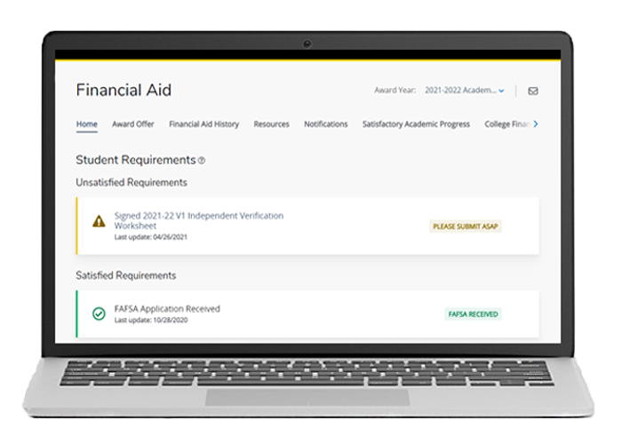 Financial Aid Dashboard on a laptop screen