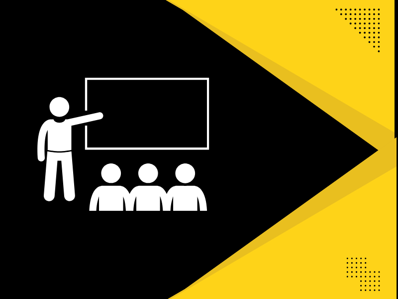 decorative element with a person speaking to three people in front of a board