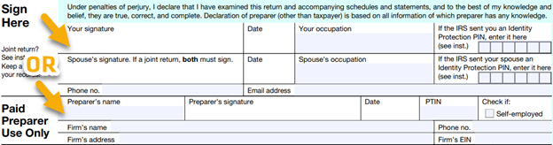 sample image of tax return signature section of 1040 tax form