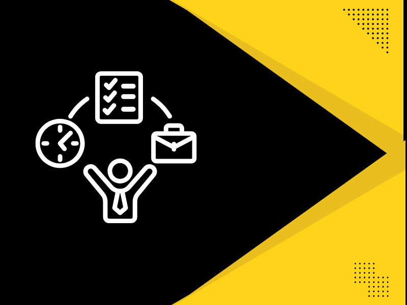 decorative element with a worker in a tie with a briefcase and checklist and a clock