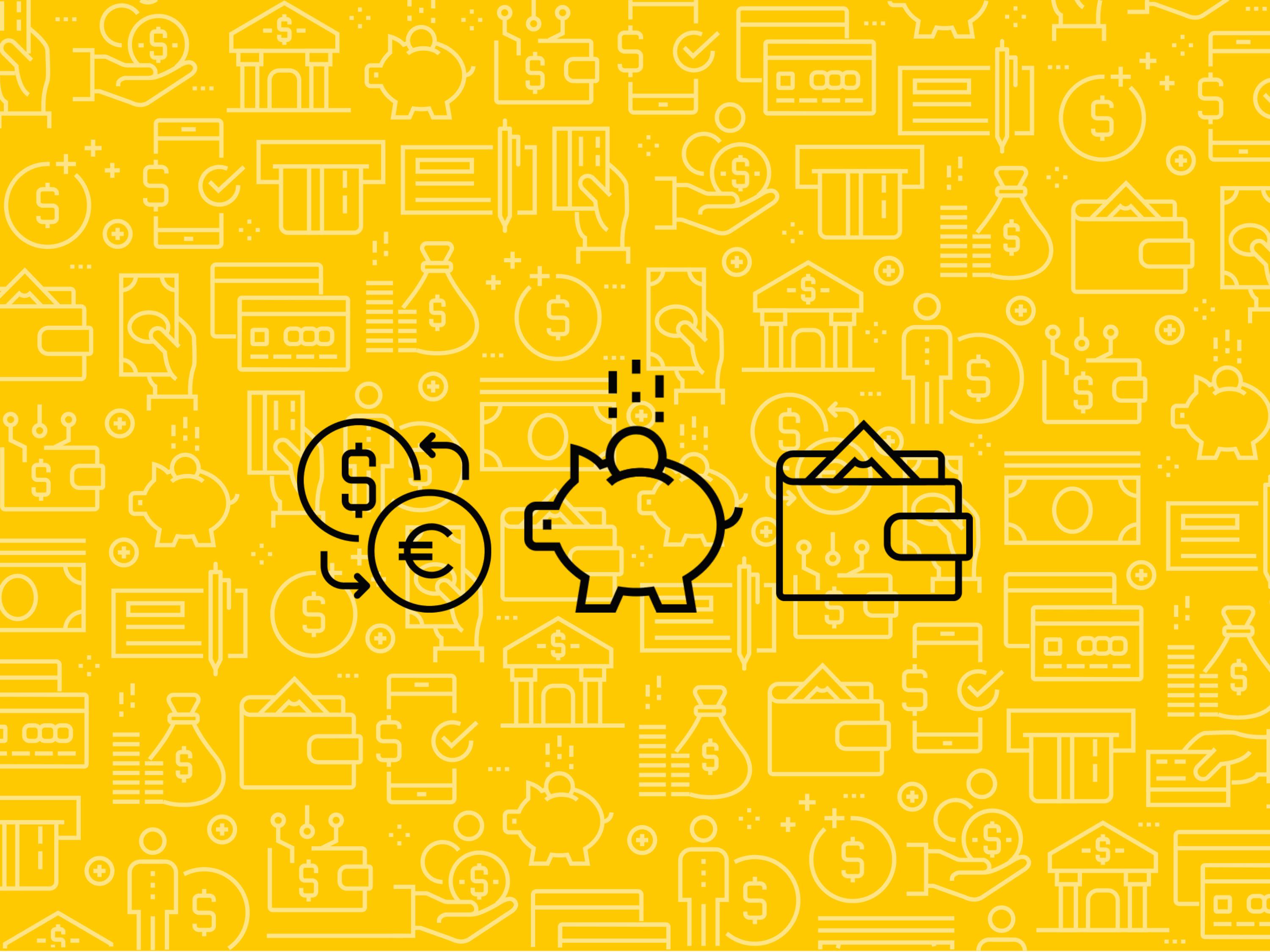 Three black financial wellness graphics of a piggy bank, wallet and coin exchange symbol over a yellow finances-themed pattern. 