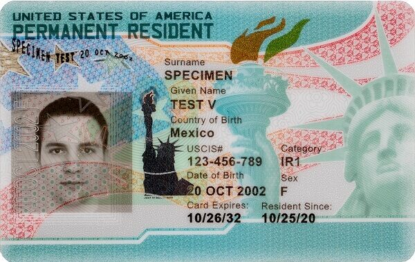 Image of sampel U.S. Permanet Resident Card with green and orange background