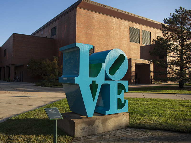 Photo of Robert Indiana's LOVE sculpture, located near the Heskett Center