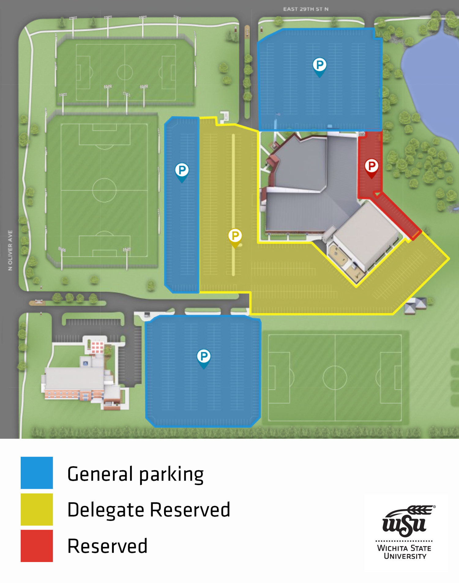 Inauguration Parking map showing general, delegate reserved, and reserved parking areas at the Hughes Metropolitan Complex.