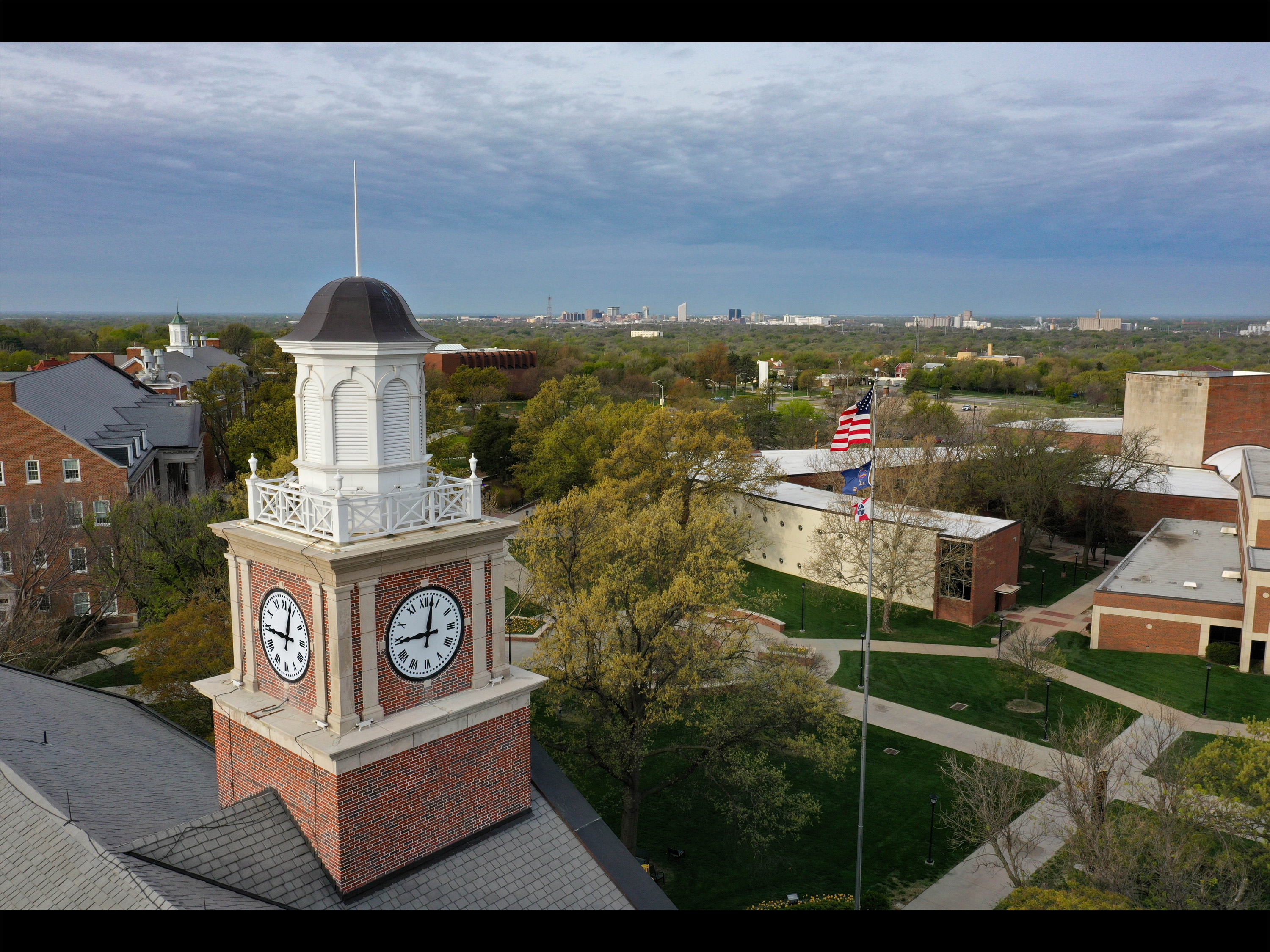 Aerial photo of campus with the city of Wichita in the background