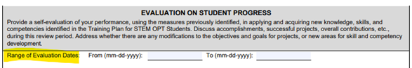 Section of I-983 which contains the Evaluation on Student progress, with Range of Evaluation Dates highlighted.