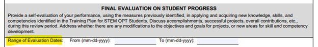 Section of I-983 which contains the Final Evaluation on Student progress, with Range of Evaluation Dates highlighted.