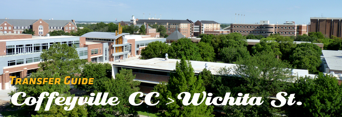 Image of WSU Campus with Banner of text stating Transfer Guide from Coffeyville CC to Wichita State