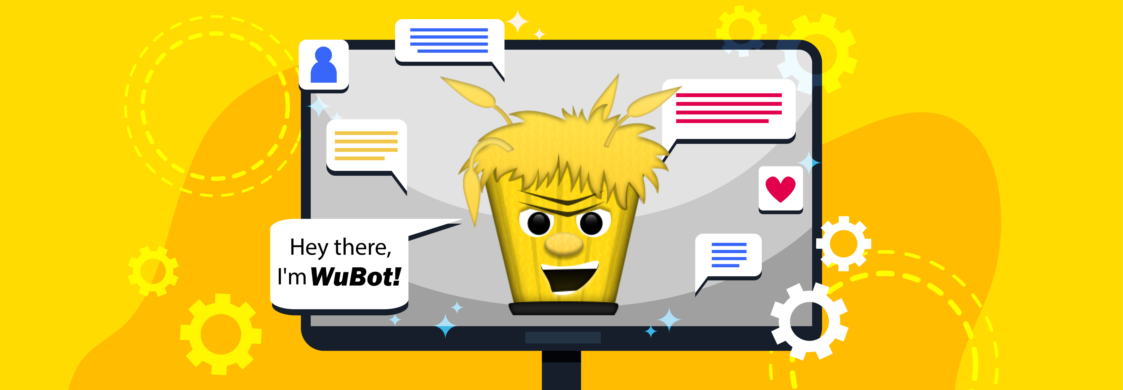 Decorative banner graphic depicting a cartoon Wu chatbot and a computer screen with a chat window saying 'Hey there, I'm WuBot!'