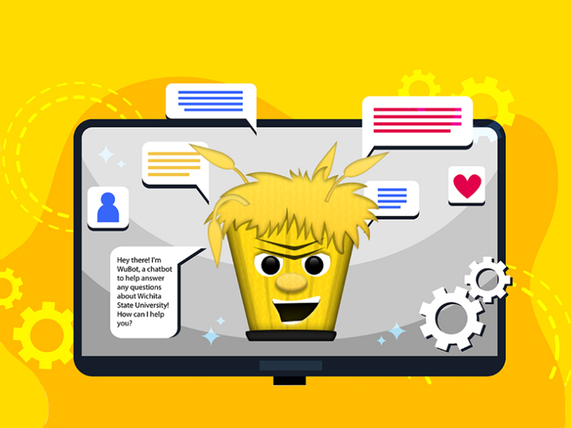 Decorative graphic depicting a cartoon Wu chatbot and a computer screen with a chat window