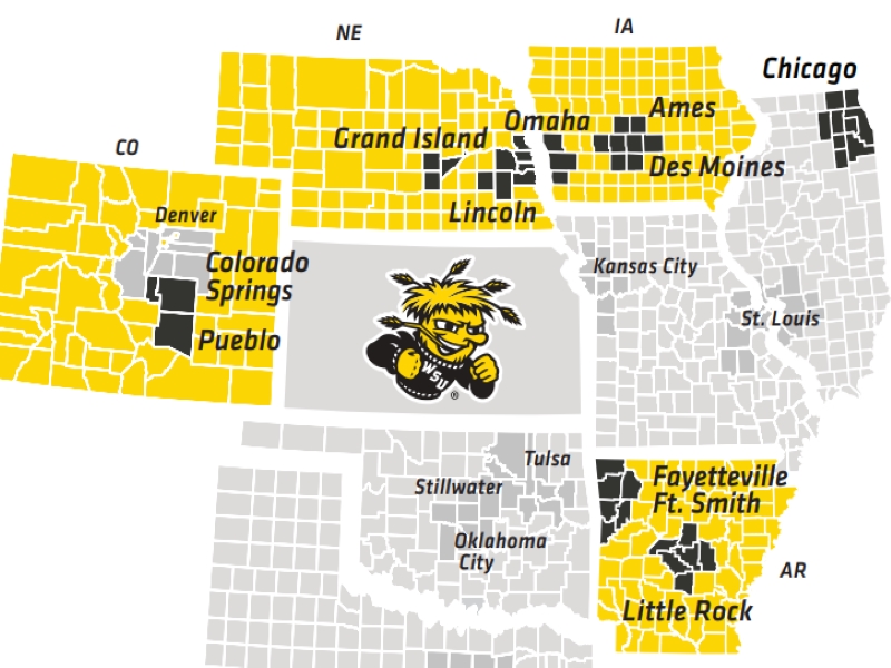 A  map of the Midwest highlighting the new Shocker Select city discounts.