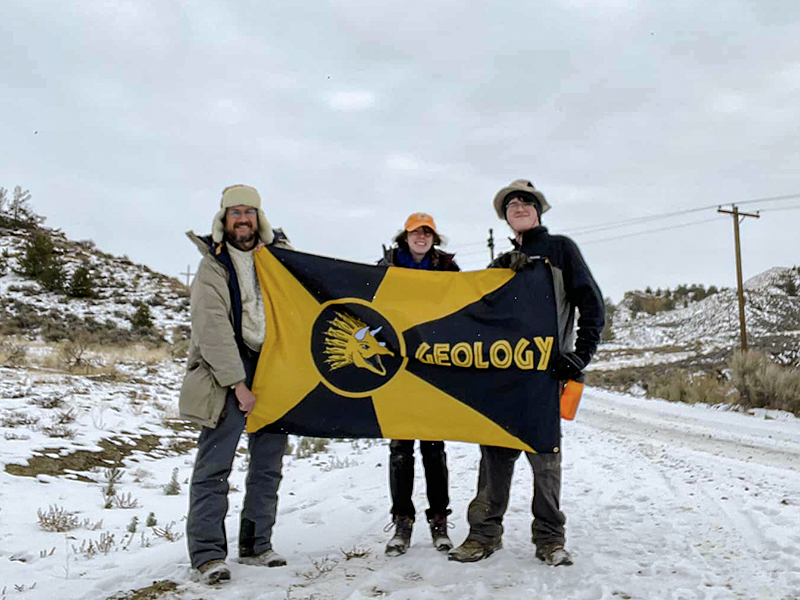 Dr. William Parcell, Julia Schwartz and Jack Dalton druing their geology trip to Wyoming for field data collection.