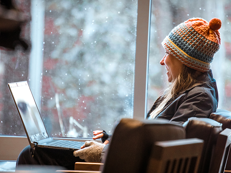 Wichita State University staff in Ablah Library during the winter.