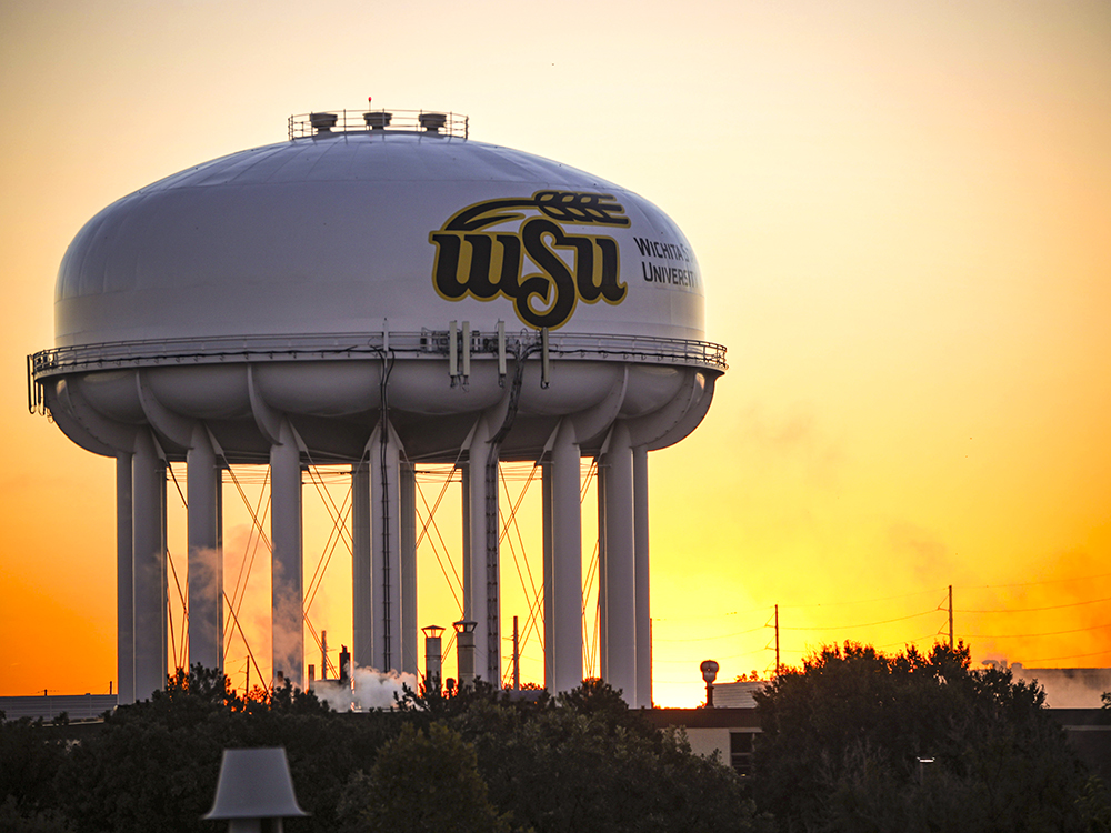 Wichita State's water tower at sunset