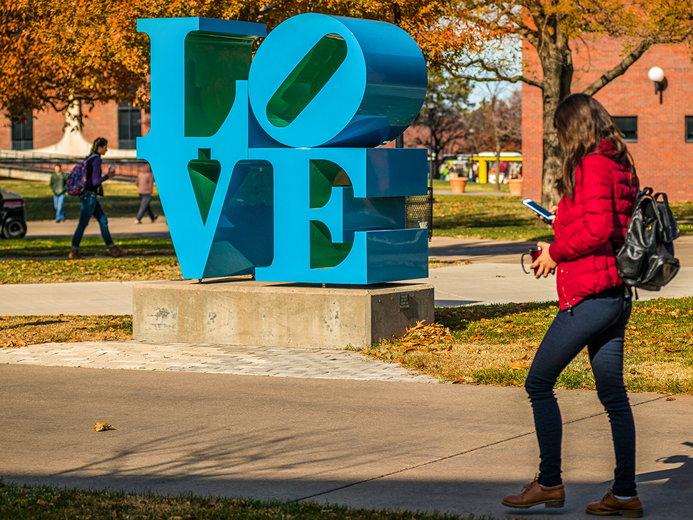 LOVE sculpture in its longtime place outside of the Heskett Center.