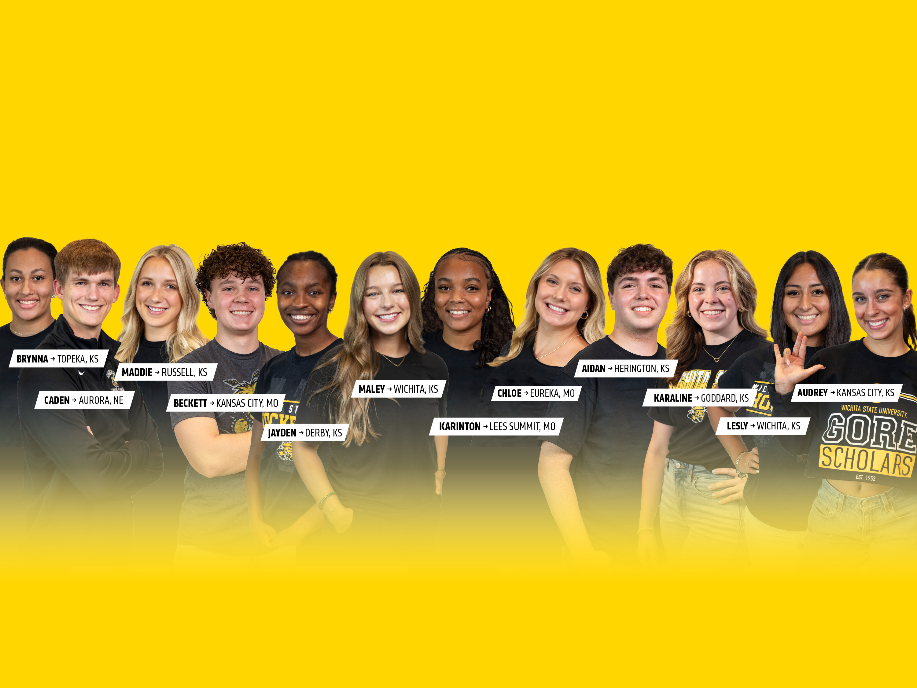 A graphic with a yellow background depicts a collage of recent Gore Scholarship recipients.