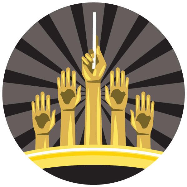 Badge graphic depicting a hand holding a baton surrounded by four raised hands
