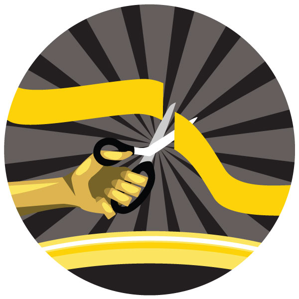 Badge graphic depicting a hand cutting a ribbon with scissors