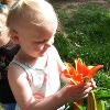 A child examines a flower