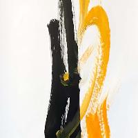 This is an abstract painting of black and orange strokes places tightly beside one another. The strokes are messy and have texture to them. There is some overlapping portions of strokes on top of one another.