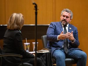 Cody Keenan makes a point during a Q&A moderated by WSU Foundation and Alumni Engagement President Elizabeth King.