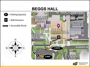 Map of ADA parking and accessible route to Beggs Hall.