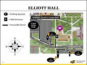 Photo of Map of Elliott Hall, ADA parking and accessible route.