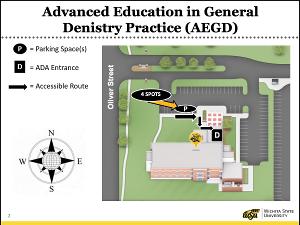 Map showing accessible route from ADA parking to ADA entrance. 