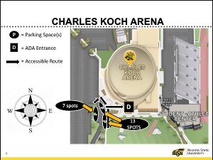 Campus map showing ADA parking and accessible route to Koch Arena