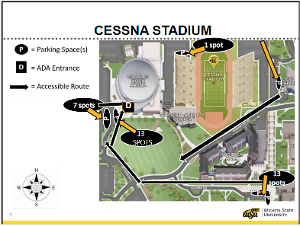 Campus map of accessible route from ADA parking to Cessna Stadium and ADA Parking
