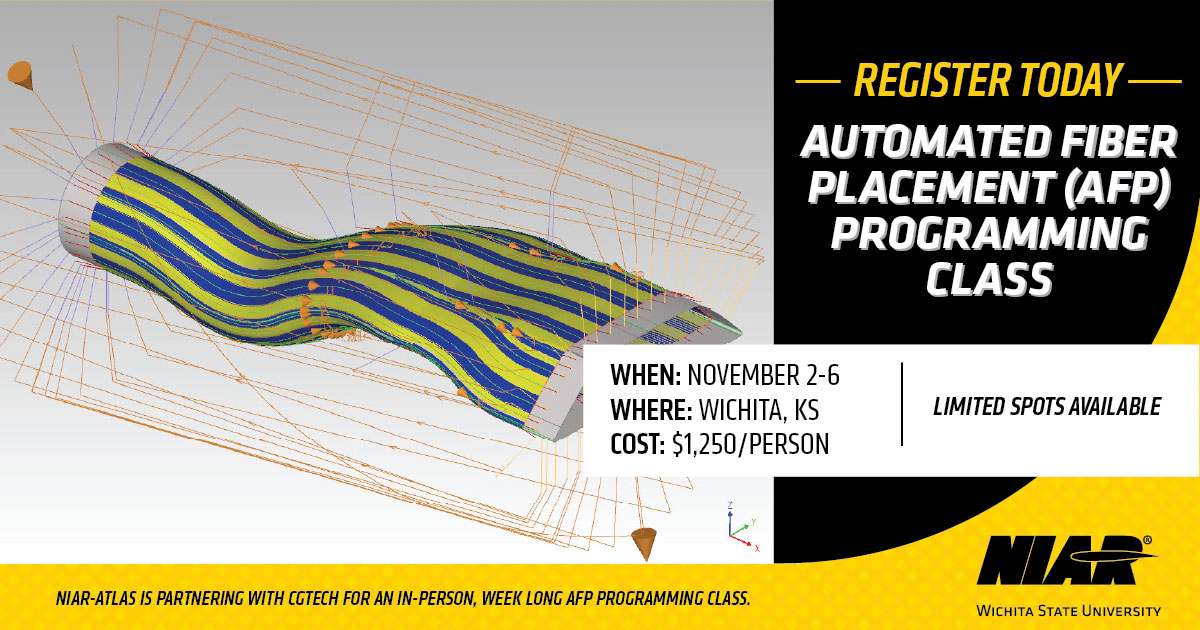 AFP programming class details with a picture of a 3D print model of a composite material