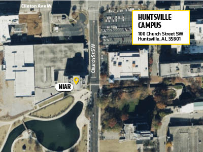 Aerial map view of NIAR Huntsville AL campus marking where the NIAR office is located.