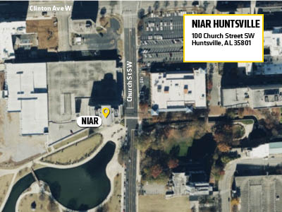 Aerial map view of NIAR Huntsville AL campus marking where the NIAR office is located.