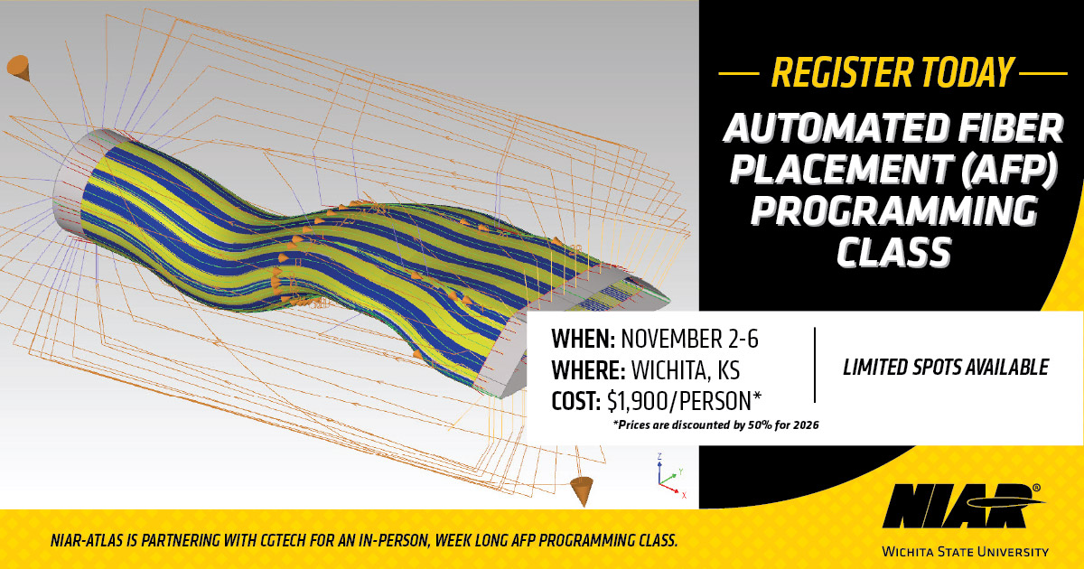 AFP programming class details with a picture of a 3D print model of a composite material