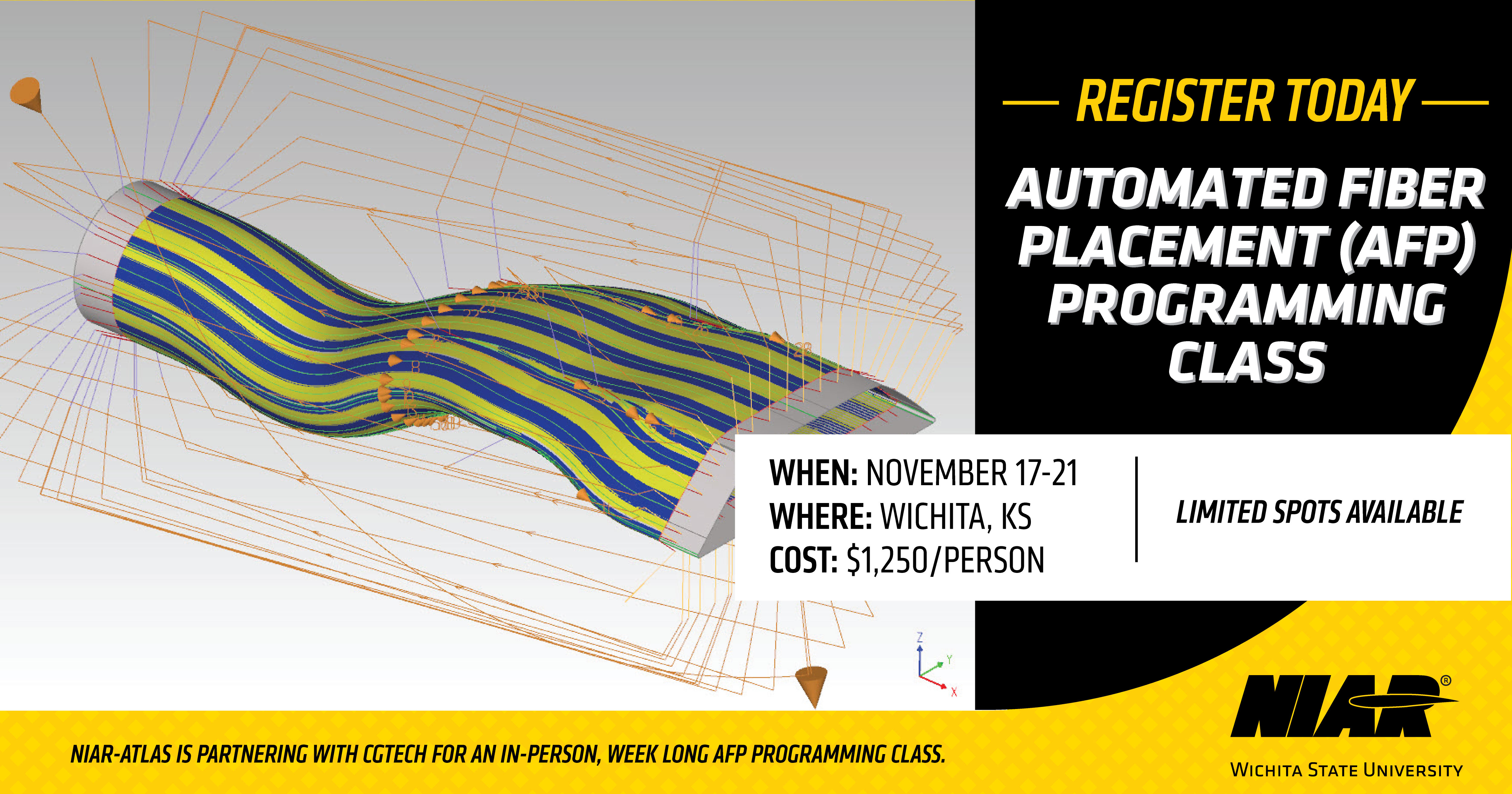 AFP programming class details with a picture of a 3D print model of a composite material