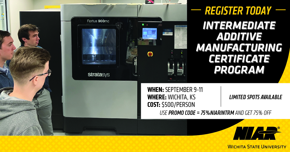 Group of students observing a Stratasys 3D printer with information for the AM Intermediate Certificate Program on the right side of the image