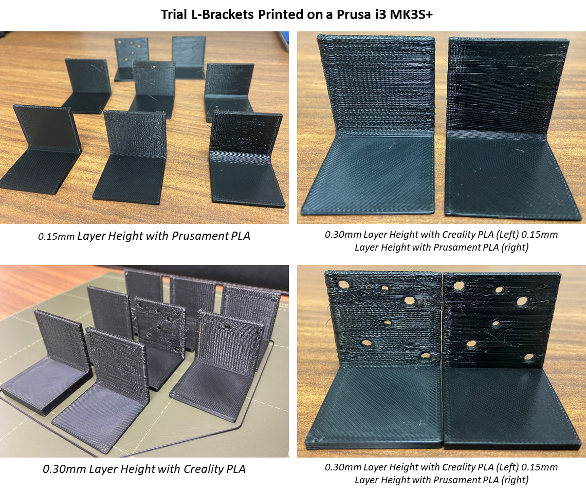 Trial L Brackets printed on a Prusa i3 MK3S+