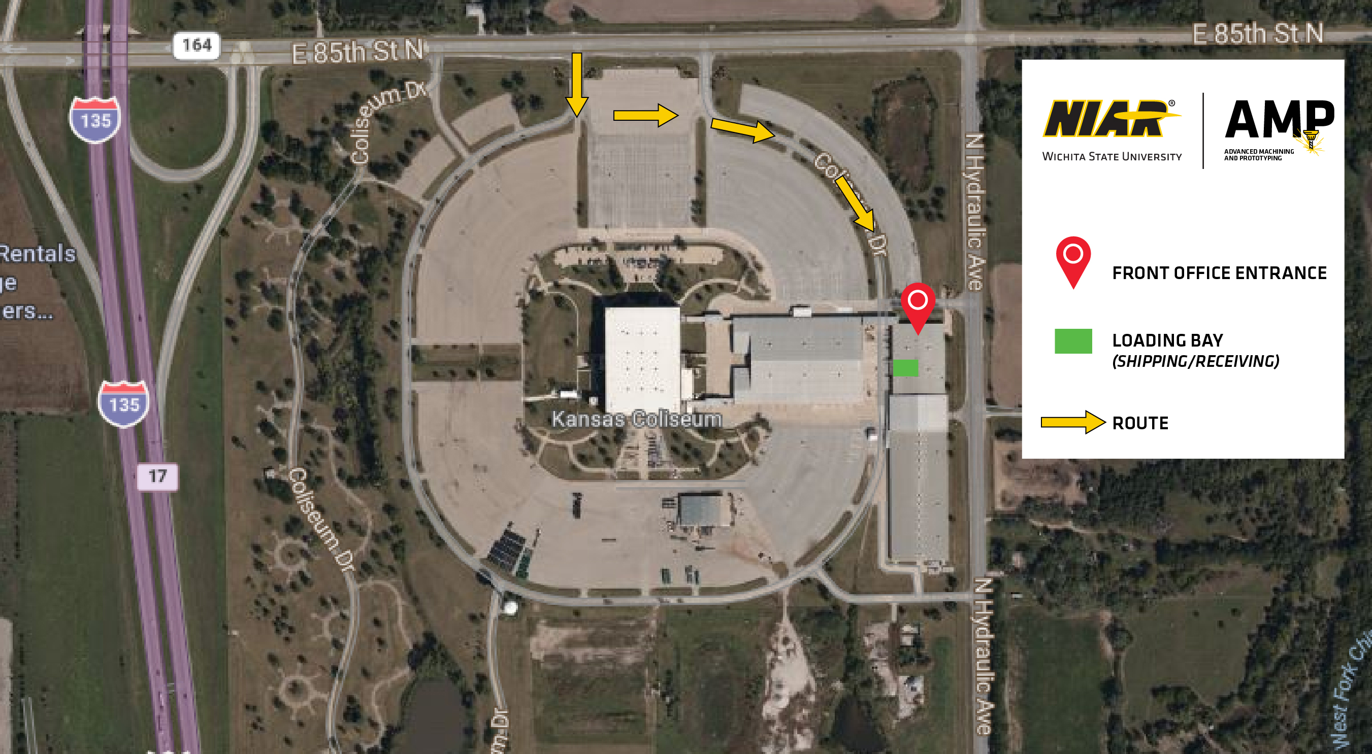 Aerial map of the Kansas Coliseum with arrows showing where to go on the map on how to get to the building.