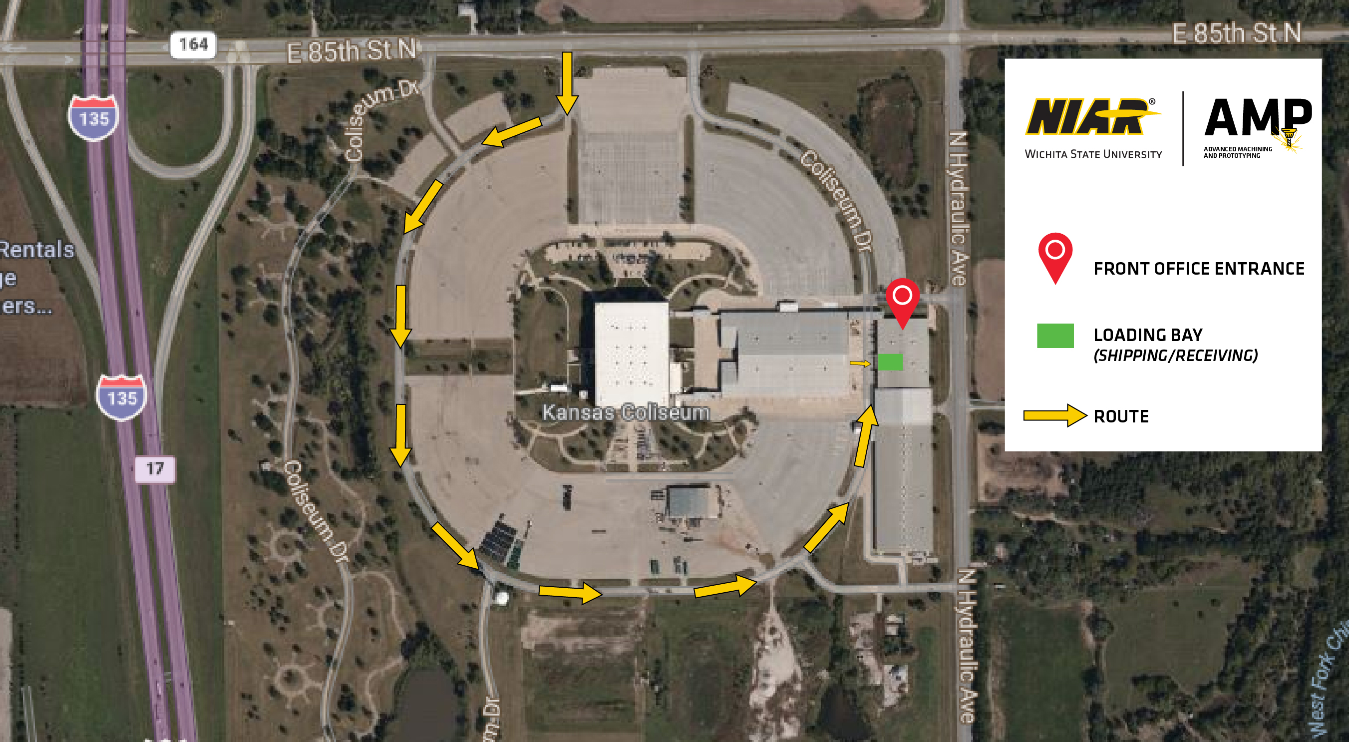 Aerial view of the Kansas Coliseum with arrows showing the route to where the loading bay is on the map.