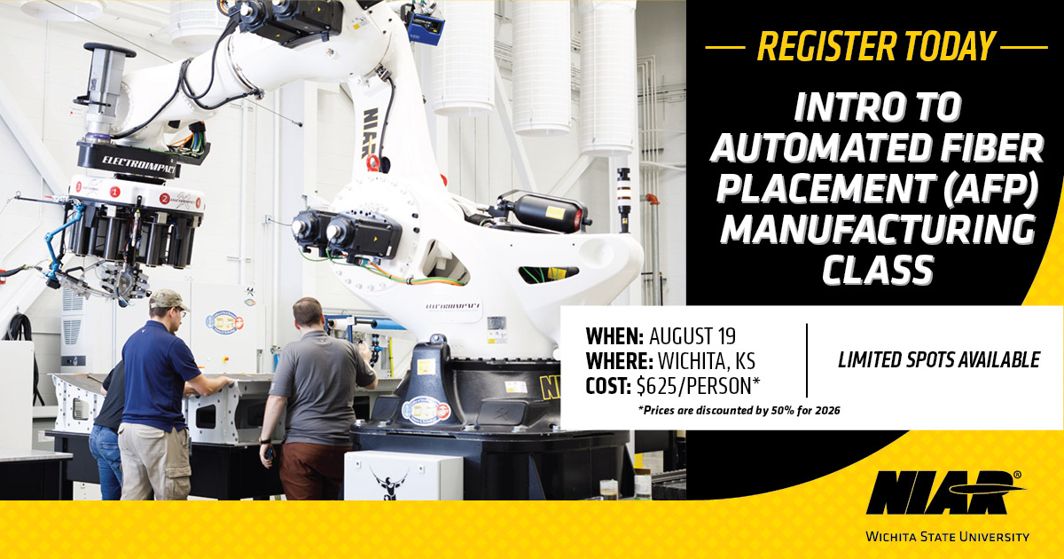 Intro to AFP manufacturing class details with a picture of NIAR engineers working on a additive manufacturing machine