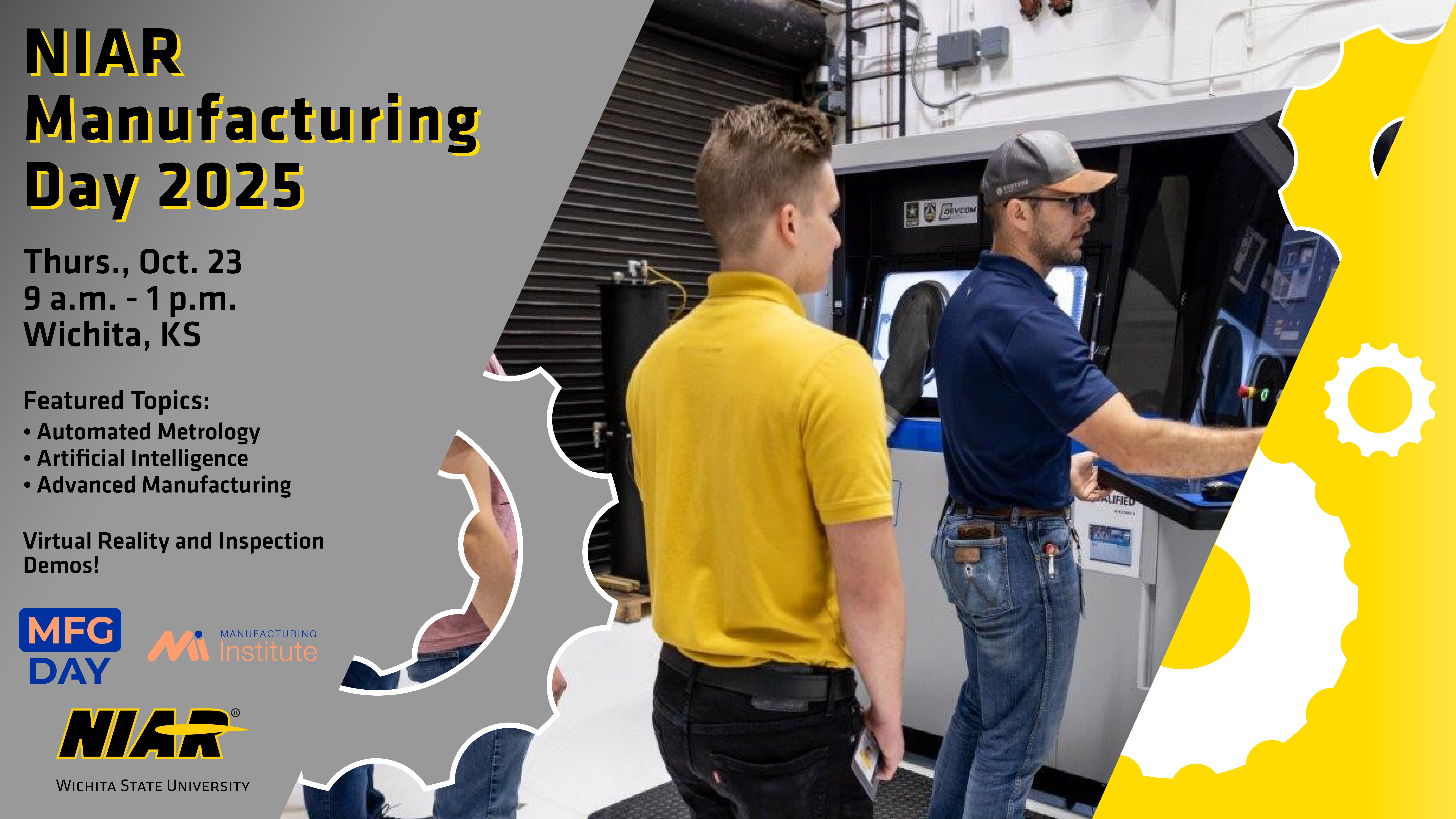 Promotional graphic for MFG Day 2025 with a picture of students watching a MFG rep giving a demonstration, as well as details for the event taking place on October 23