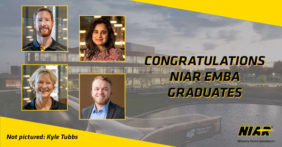 Kevin Kelly, Aswini Kona Ravi, Jayme Buzard and Matt Tomblin are pictured next to text that reads "CONGRATULATIONS NIAR EMBA GRADUATES" with Woosley Hall in the background, home of the Barton School of Business. Kyle Tubbs is not pictured in the image, but he is also a graduate.