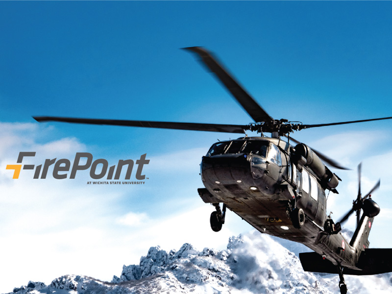 FirePoint logo displayed on a photo of a blackhawk helecopter flying with snowcapped mountains in the background