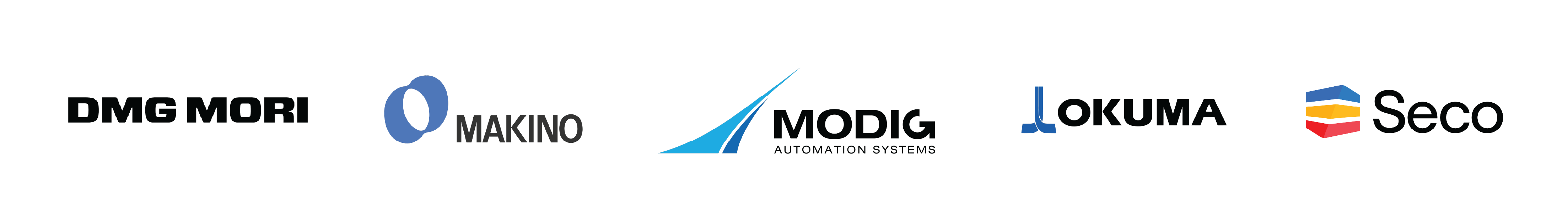 MODIG logo, Seco logo, DMG MORI logo, OKUMA logo, MAKINO logo