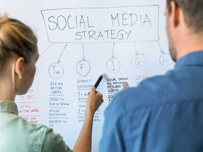 A photo of two people discussing a social media marketing campaign