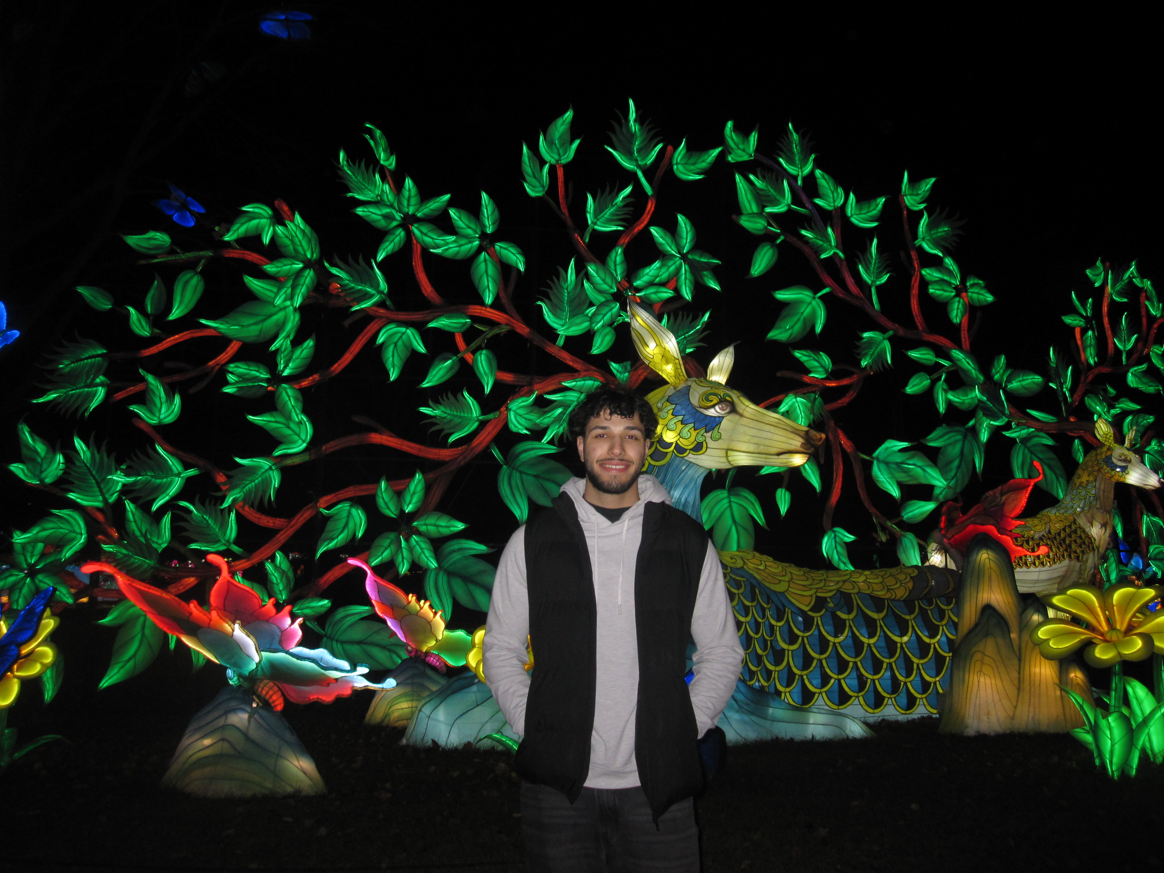 Photo of Alaa Qaki in front of a light sculpture