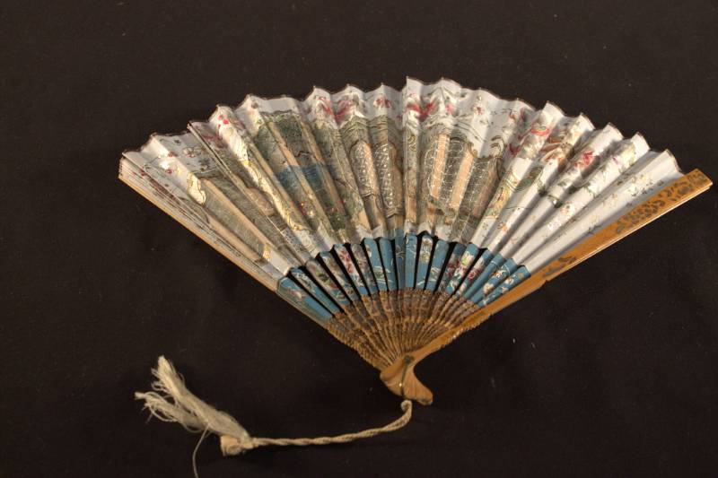 Painted Fan Fan with five silk panels. Central panel painted with landscape