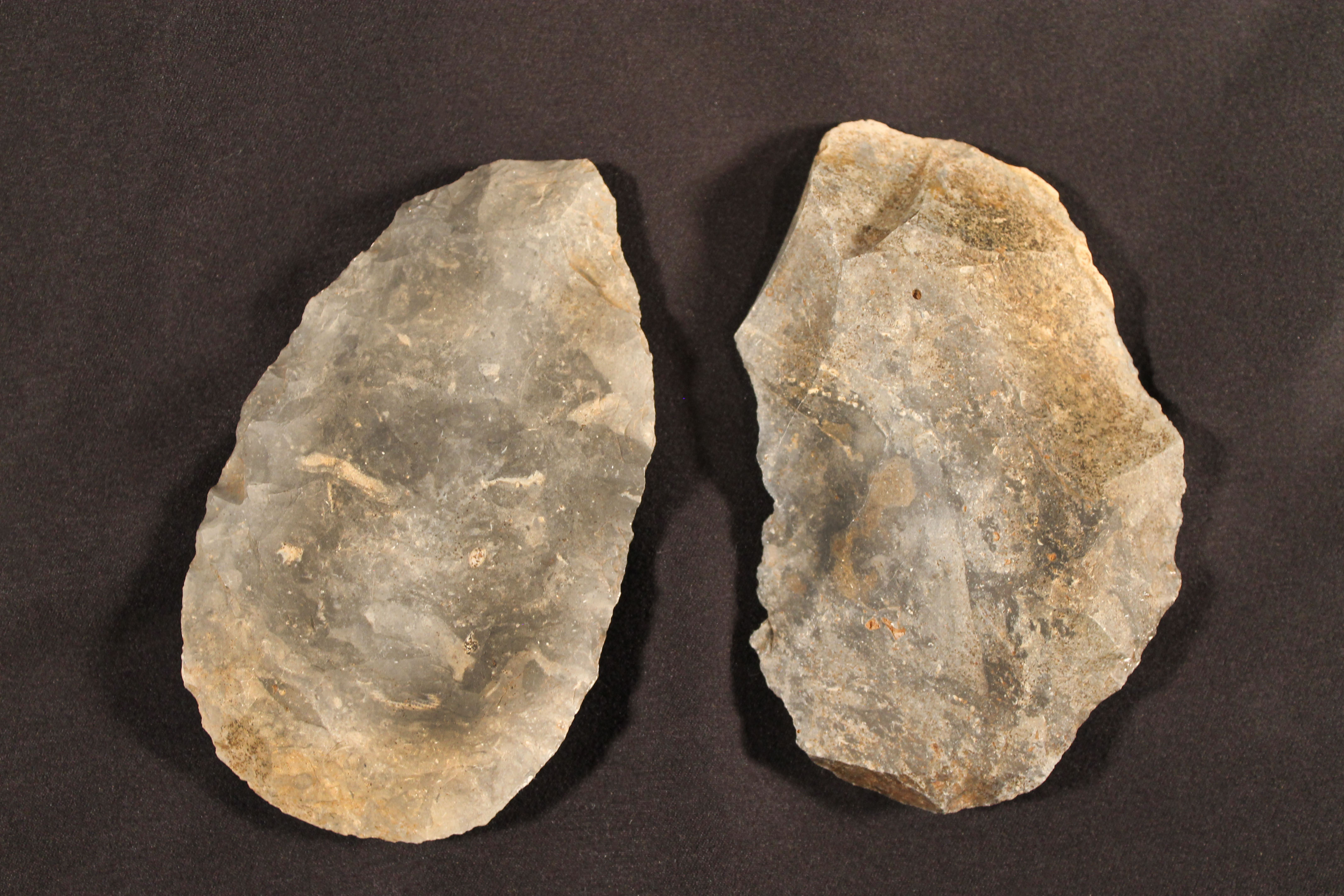 Two oval-shaped stone tools with markings on their surfaces